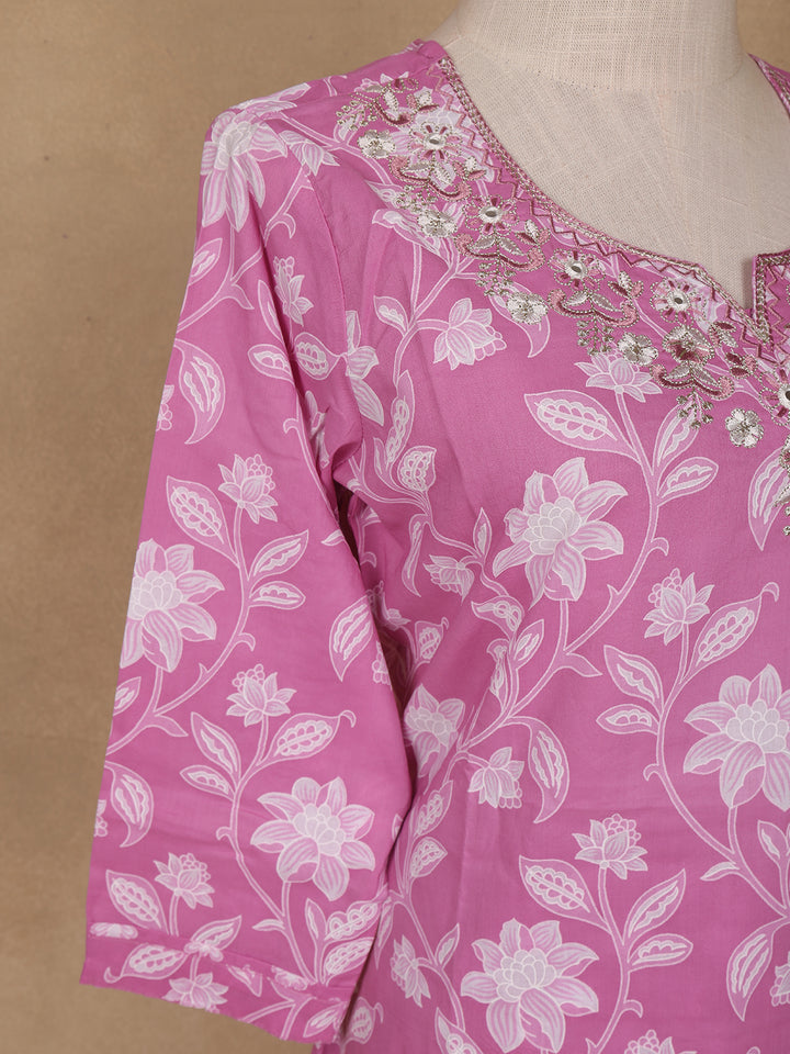 Pink Floral Design Printed Cotton Salwar Suit - Diadem