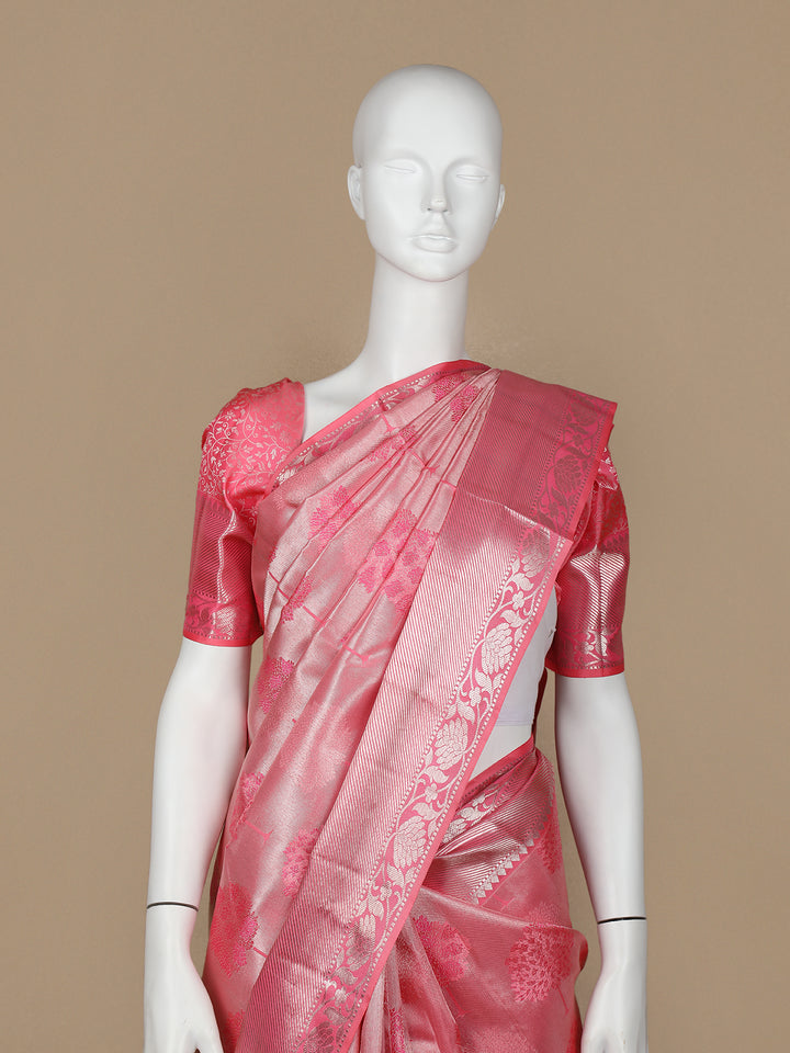 Pink Floral Woven Pure Kanchipuram Silk Saree - Diadem