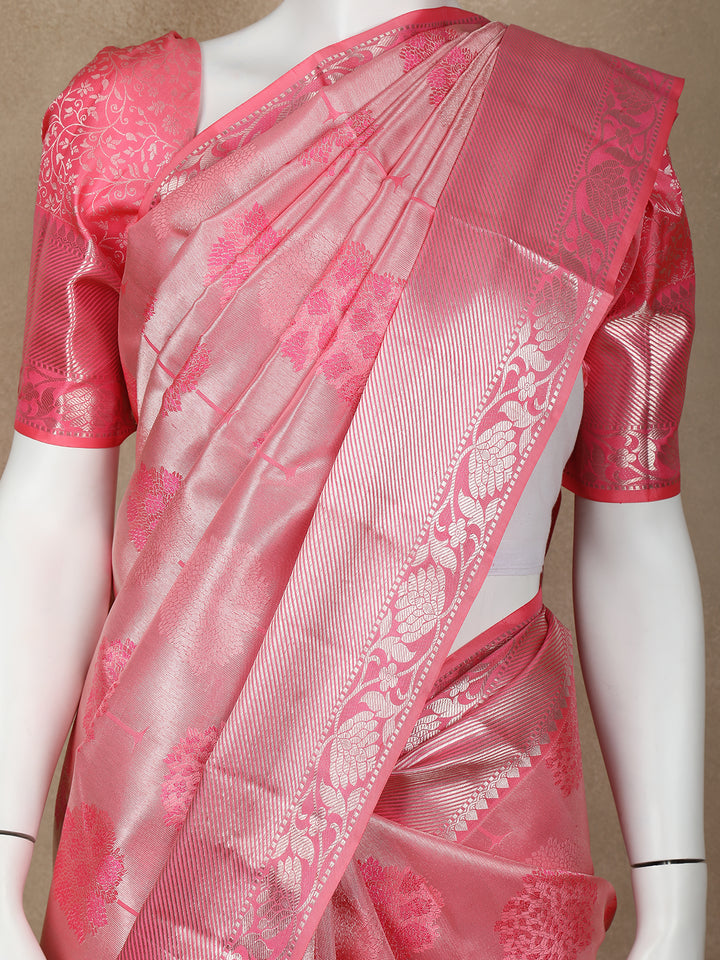 Pink Floral Woven Pure Kanchipuram Silk Saree - Diadem