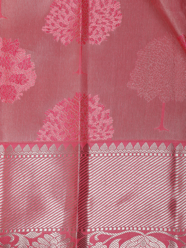 Pink Floral Woven Pure Kanchipuram Silk Saree - Diadem