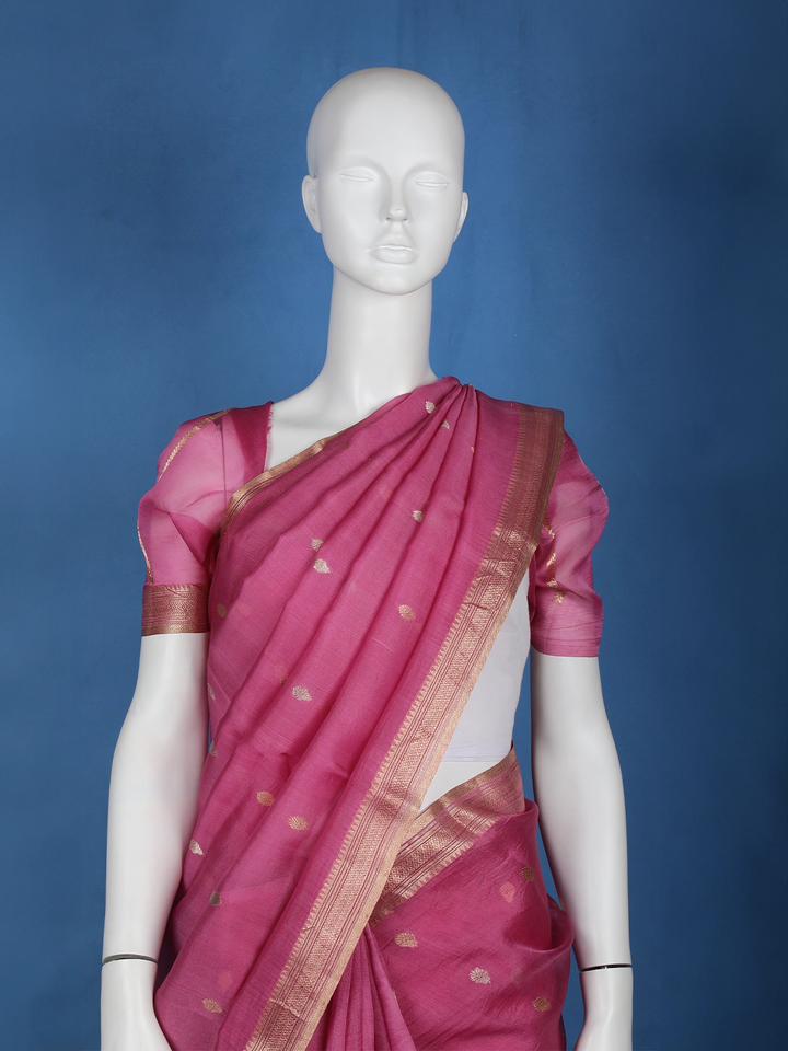 Pink Gold Zari Butta Organza Saree - Diadem
