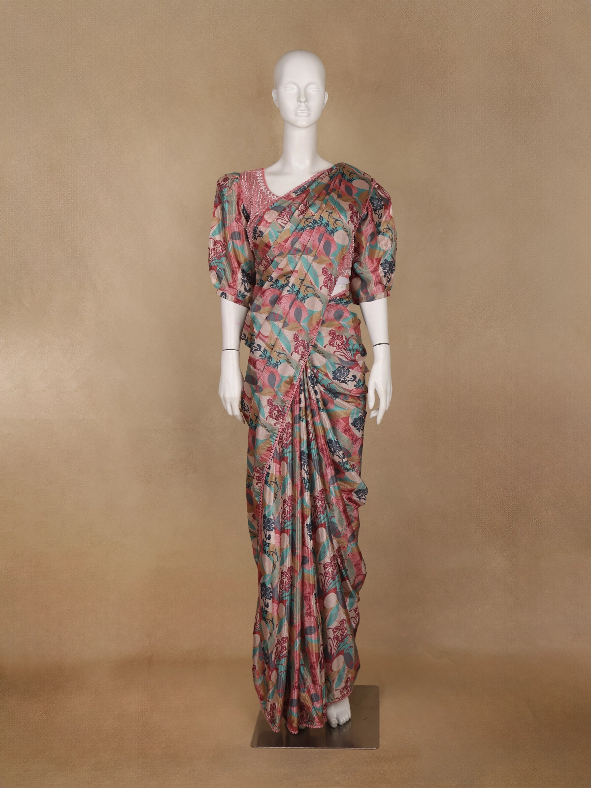 Pink Multicolor Floral Printed Synthetic Saree with Embroidered Blouse - Diadem