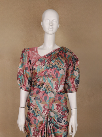 Pink Multicolor Floral Printed Synthetic Saree with Embroidered Blouse - Diadem
