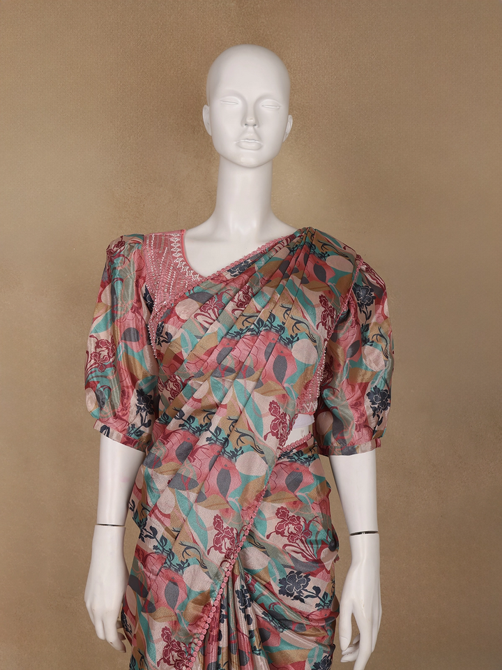 Pink Multicolor Floral Printed Synthetic Saree with Embroidered Blouse - Diadem
