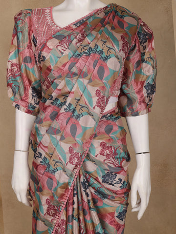 Pink Multicolor Floral Printed Synthetic Saree with Embroidered Blouse - Diadem