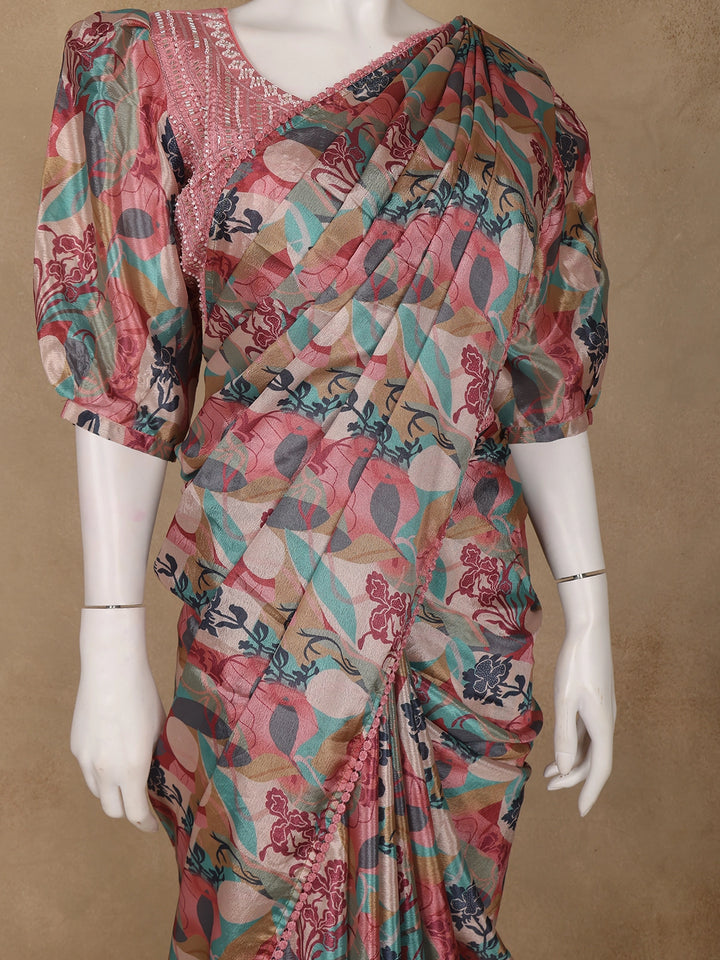 Pink Multicolor Floral Printed Synthetic Saree with Embroidered Blouse - Diadem