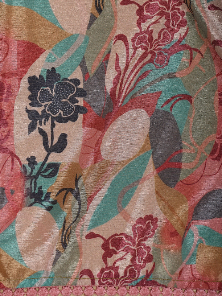 Pink Multicolor Floral Printed Synthetic Saree with Embroidered Blouse - Diadem