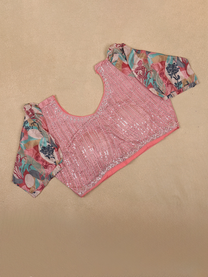 Pink Multicolor Floral Printed Synthetic Saree with Embroidered Blouse - Diadem