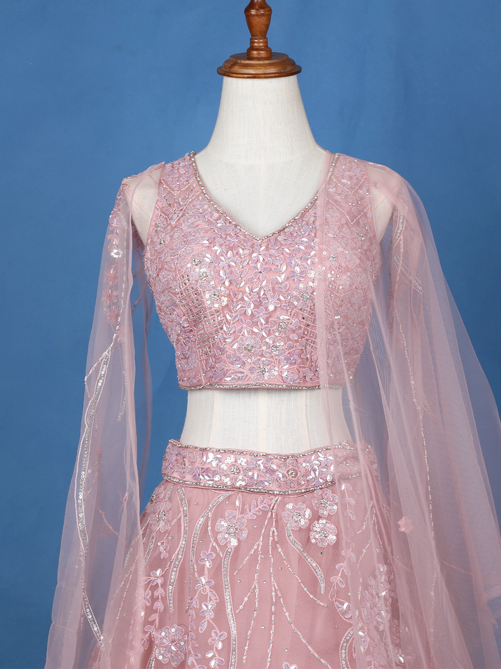 Pink Net Sequins And Floral Embroidery Bridesmaid Lehenga - Diadem