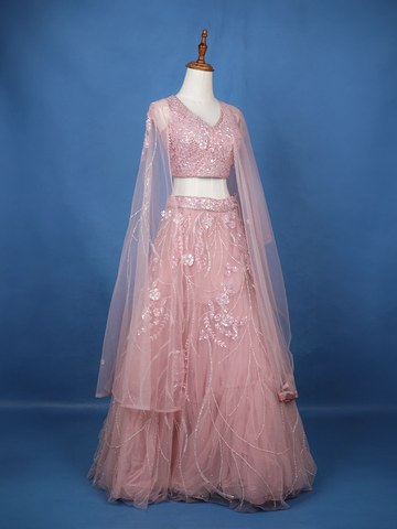 Pink Net Sequins And Floral Embroidery Bridesmaid Lehenga - Diadem