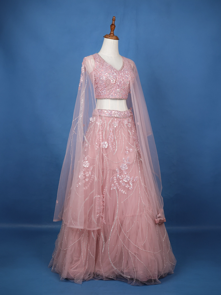 Pink Net Sequins And Floral Embroidery Bridesmaid Lehenga - Diadem