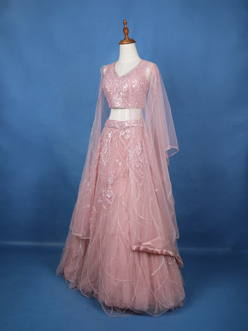 Pink Net Sequins And Floral Embroidery Bridesmaid Lehenga - Diadem