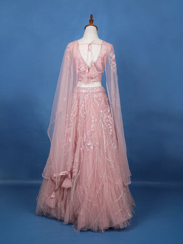 Pink Net Sequins And Floral Embroidery Bridesmaid Lehenga - Diadem