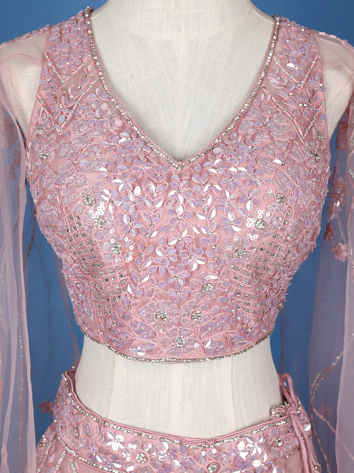 Pink Net Sequins And Floral Embroidery Bridesmaid Lehenga - Diadem