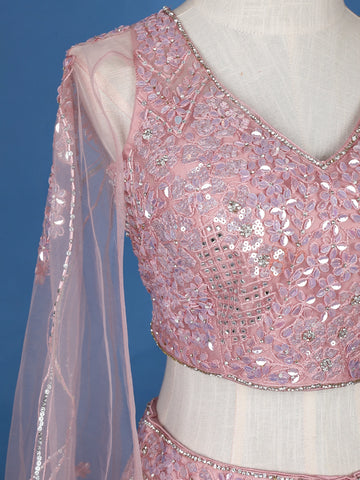 Pink Net Sequins And Floral Embroidery Bridesmaid Lehenga - Diadem