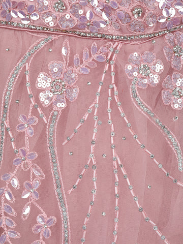 Pink Net Sequins And Floral Embroidery Bridesmaid Lehenga - Diadem