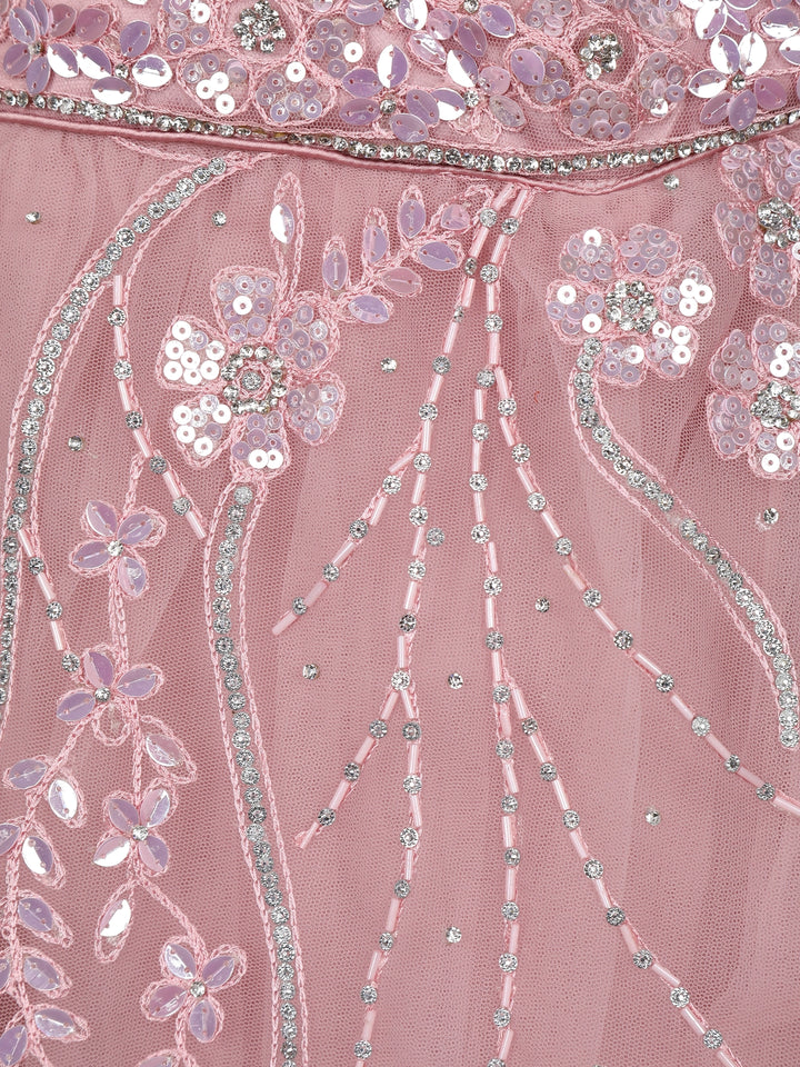 Pink Net Sequins And Floral Embroidery Bridesmaid Lehenga - Diadem