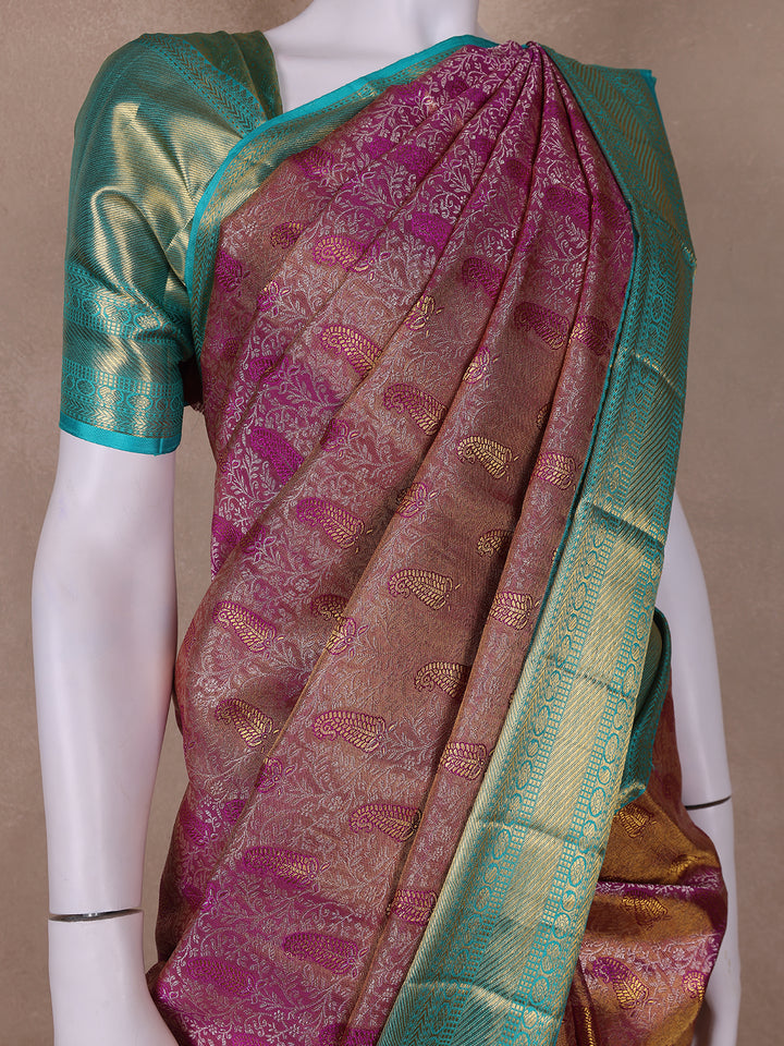 Pink Paisley and Floral Woven Pure Kanchipuram Silk Saree - Diadem
