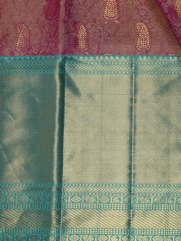Pink Paisley and Floral Woven Pure Kanchipuram Silk Saree - Diadem
