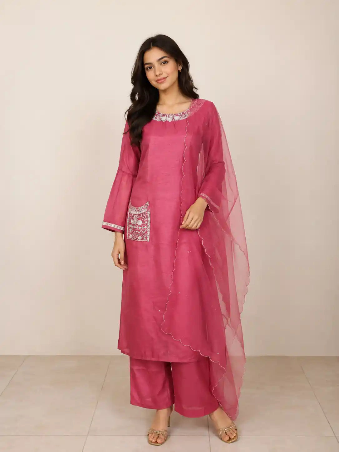 Pink Straight Cut Salwar Suit for Women Enhanced with Sequins and Beads with Dupatta
