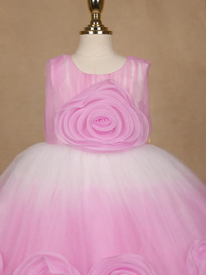 Pink & White Ombre Tulle Party Frock with Oversized 3D Rosettes - Diadem