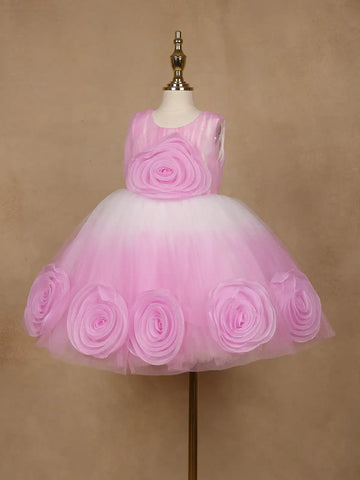 Pink & White Ombre Tulle Party Frock with Oversized 3D Rosettes - Diadem
