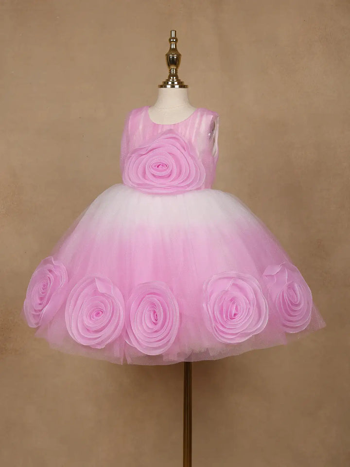 Pink & White Ombre Tulle Party Frock with Oversized 3D Rosettes - Diadem