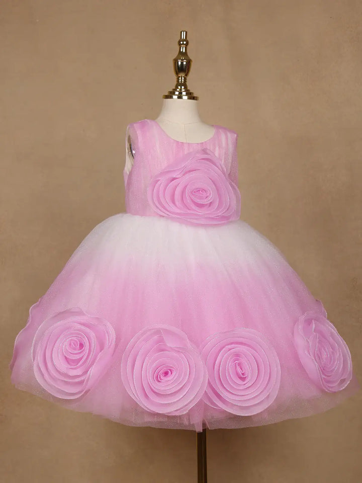 Pink & White Ombre Tulle Party Frock with Oversized 3D Rosettes - Diadem