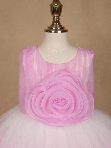 Pink & White Ombre Tulle Party Frock with Oversized 3D Rosettes - Diadem