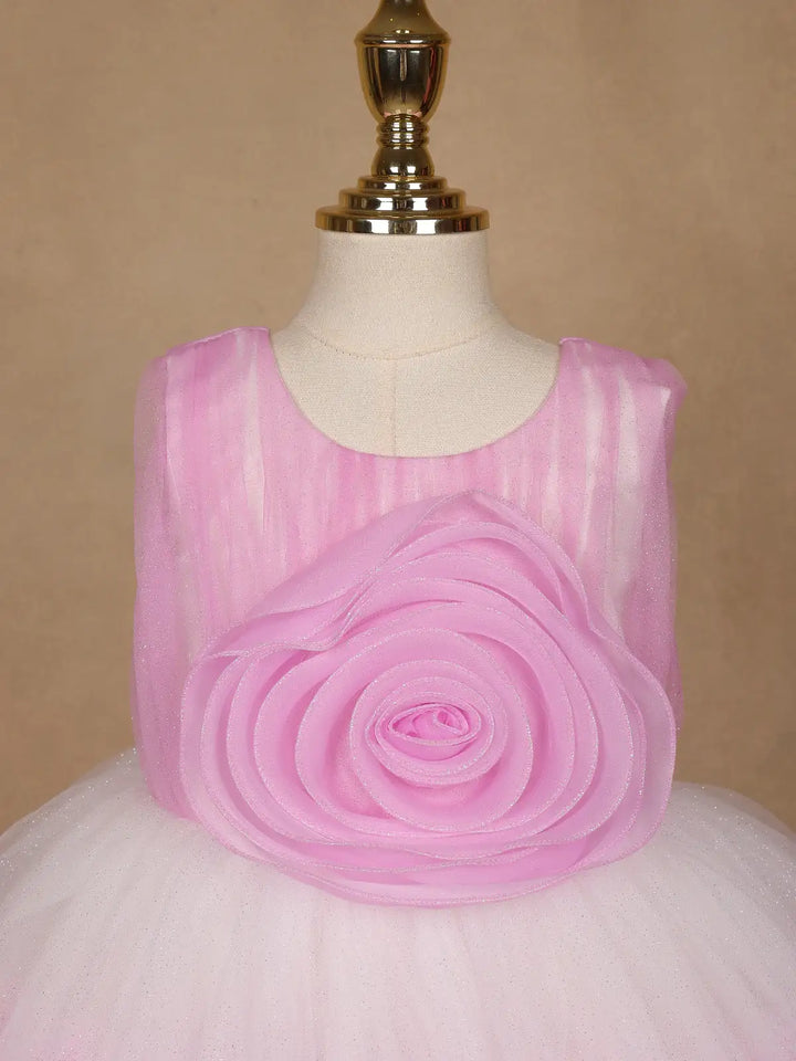 Pink & White Ombre Tulle Party Frock with Oversized 3D Rosettes - Diadem