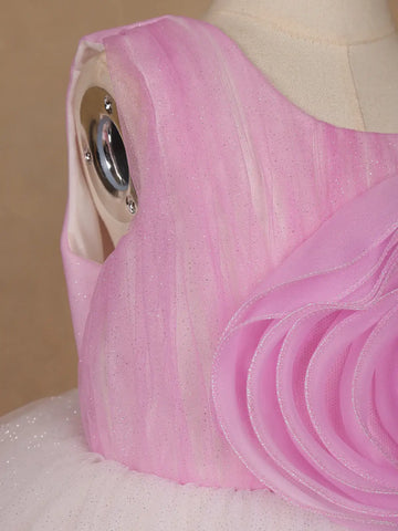 Pink & White Ombre Tulle Party Frock with Oversized 3D Rosettes - Diadem