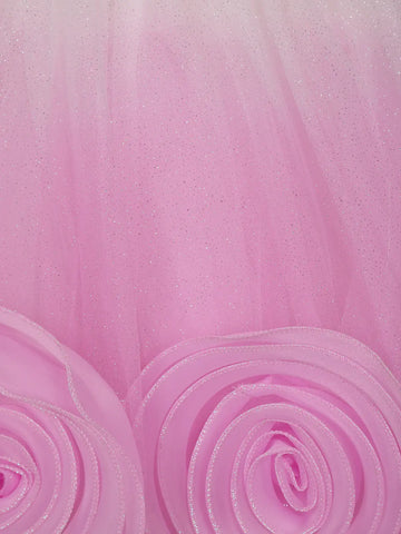 Pink & White Ombre Tulle Party Frock with Oversized 3D Rosettes - Diadem