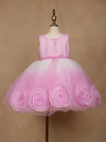 Pink & White Ombre Tulle Party Frock with Oversized 3D Rosettes - Diadem