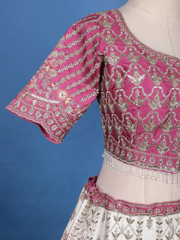 Pink and White Floral Embroidery Bridal Net Lehenga - Diadem