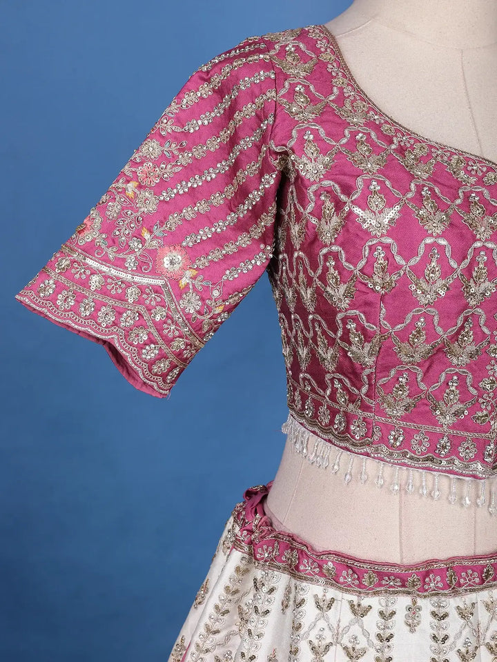 Pink and White Floral Embroidery Bridal Net Lehenga - Diadem