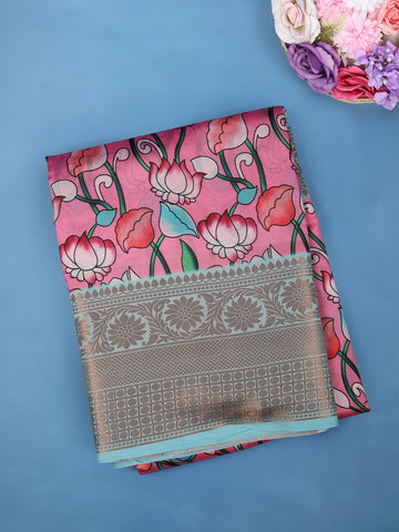 Pink with Multicolor Floral Print Tissue Silk Saree - Diadem