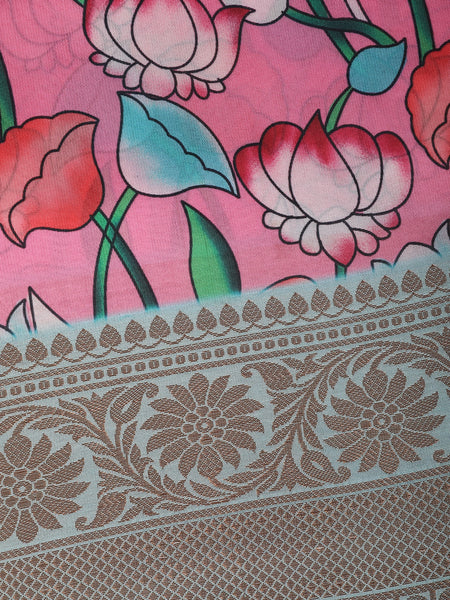 Pink with Multicolor Floral Print Tissue Silk Saree - Diadem