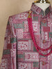 Pink and Green Patch Design Printed Kids Semi Silk Sherwani