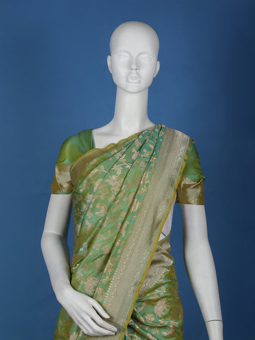 Pista Green Floral Design Banarasi Silk Saree - Diadem