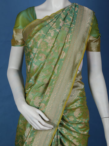 Pista Green Floral Design Banarasi Silk Saree - Diadem