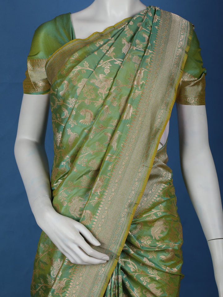 Pista Green Floral Design Banarasi Silk Saree - Diadem