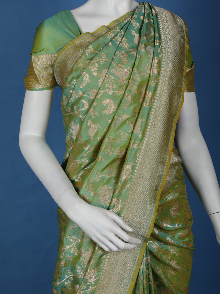 Pista Green Floral Design Banarasi Silk Saree - Diadem