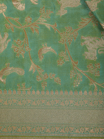 Pista Green Floral Design Banarasi Silk Saree - Diadem