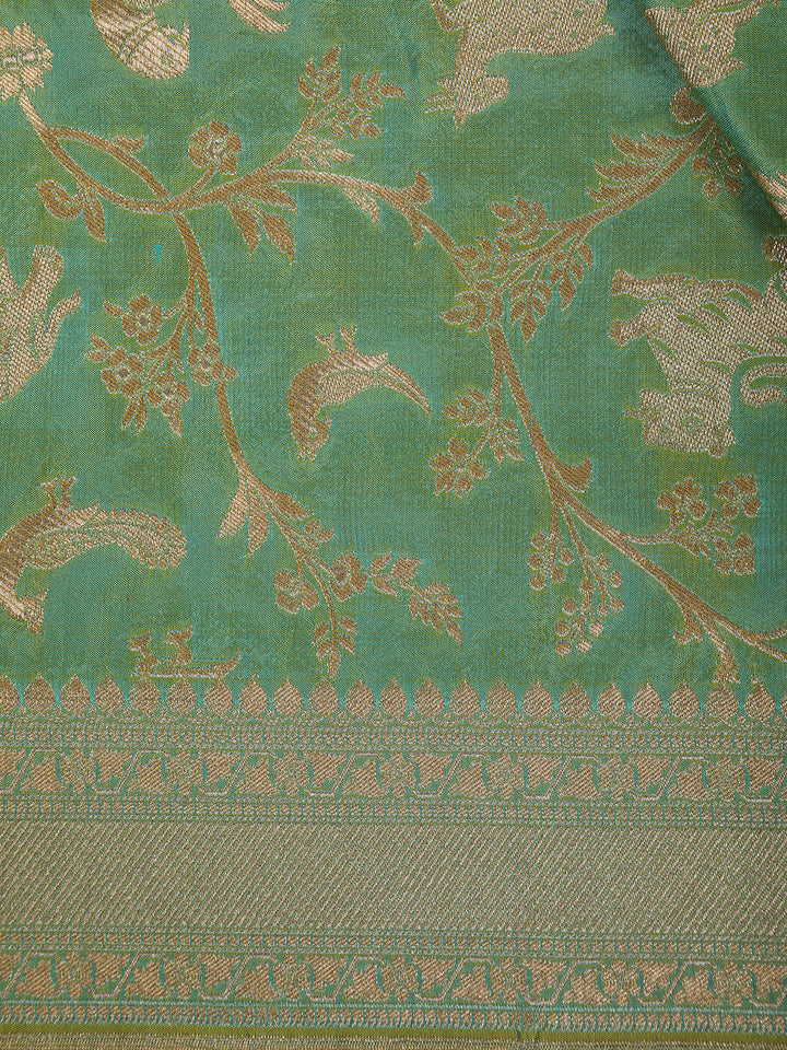 Pista Green Floral Design Banarasi Silk Saree - Diadem