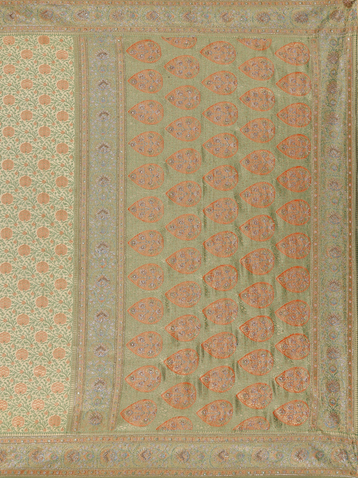 Pista Green Floral Zari Woven Silk Saree with Stonework Border - Diadem