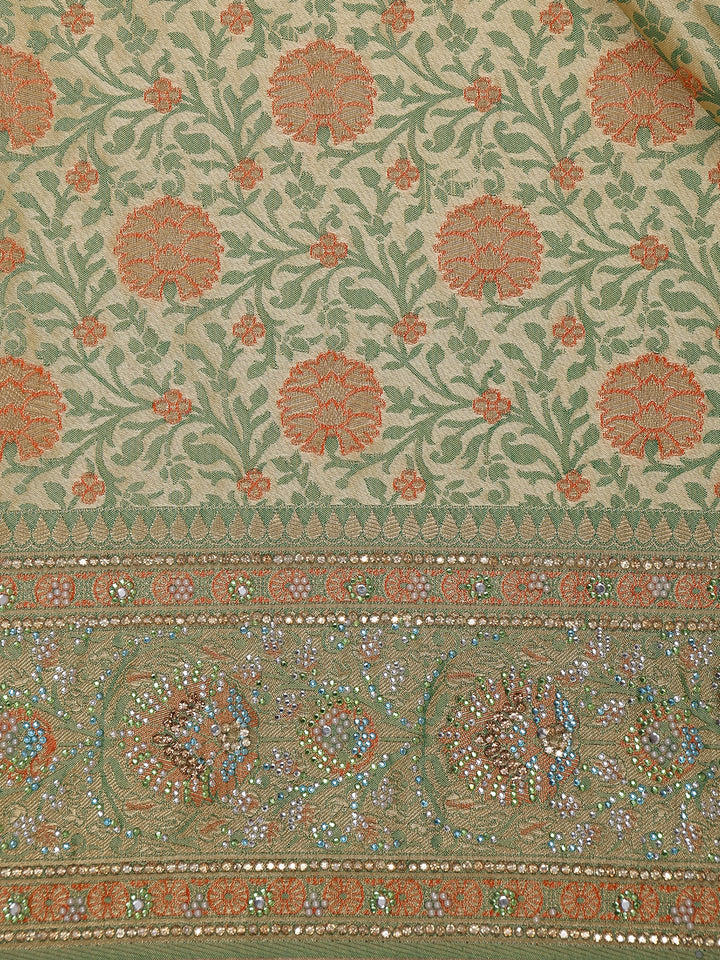 Pista Green Floral Zari Woven Silk Saree with Stonework Border - Diadem