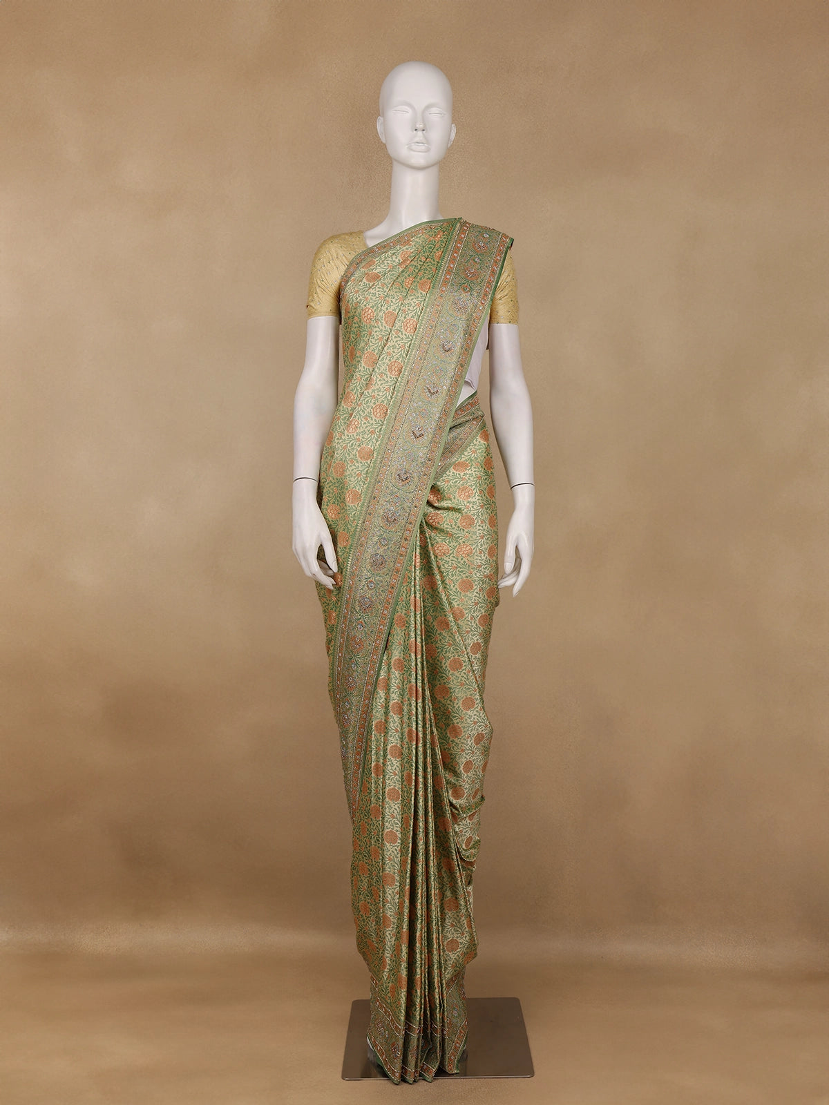 Pista Green Floral Zari Woven Silk Saree with Stonework Border - Diadem