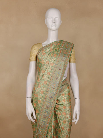 Pista Green Floral Zari Woven Silk Saree with Stonework Border - Diadem