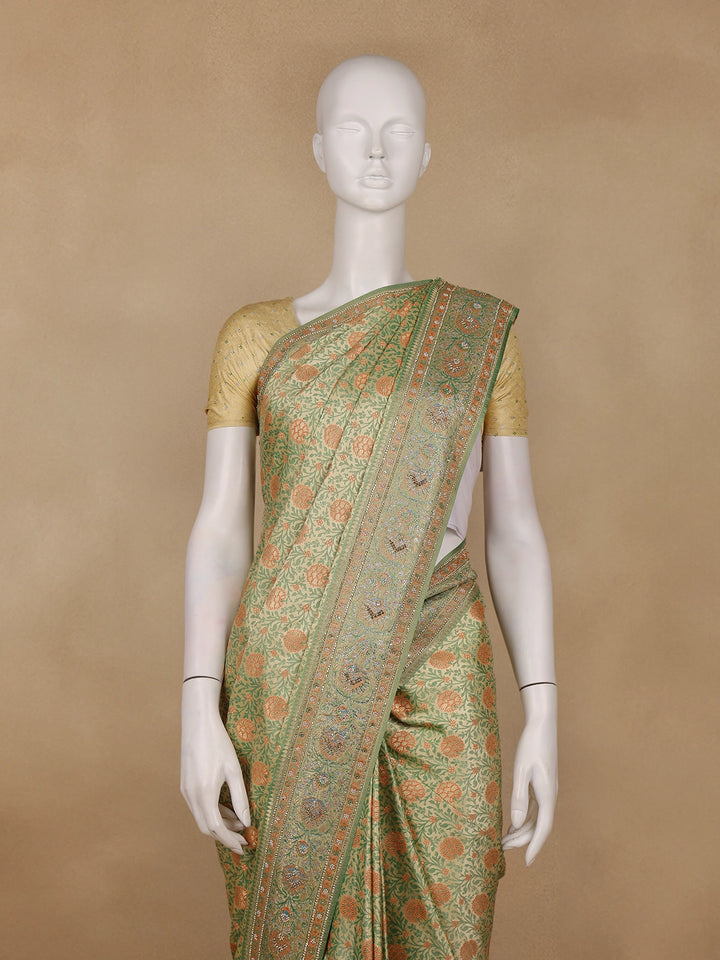 Pista Green Floral Zari Woven Silk Saree with Stonework Border - Diadem