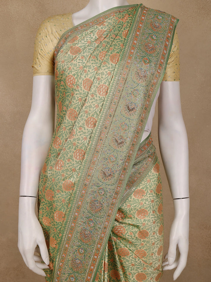Pista Green Floral Zari Woven Silk Saree with Stonework Border - Diadem